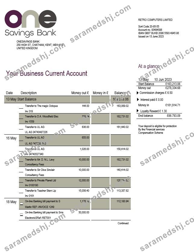 Onesavings Bank business checking account statement Word and PDF template